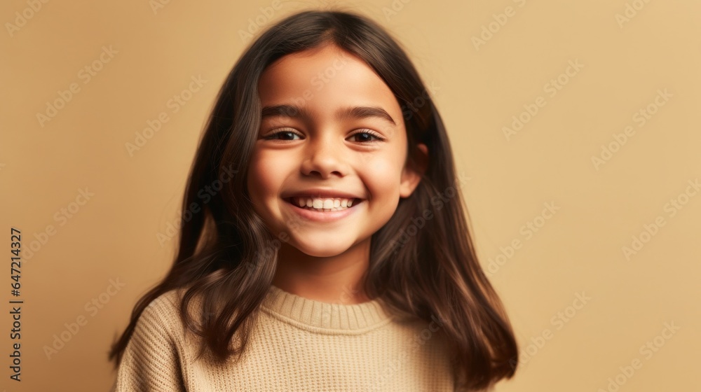 A smiling little girl with brown hair, dressed in soft colors, poses against a beige studio background. Generative AI A smiling little girl with brown hair, dressed in soft colors, poses against a beige studio background. Generative AI