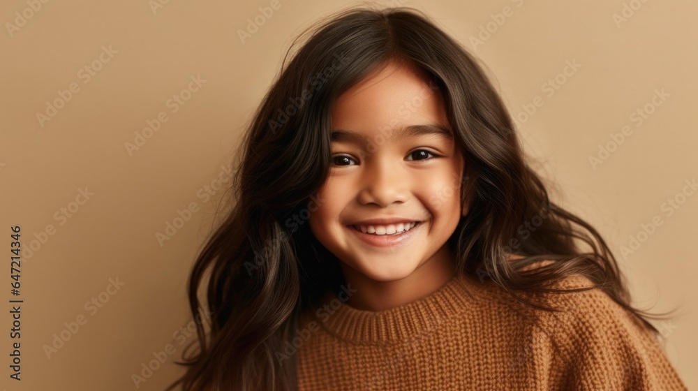 A positive brunette kid in neutral clothing exudes happiness with a wide smile. Generative AI A positive brunette kid in neutral clothing exudes happiness with a wide smile. Generative AI