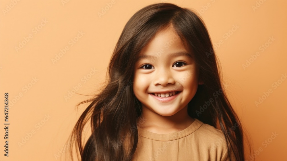 A brunette child in neutral attire grins with delight against a beige backdrop. Generative AI A brunette child in neutral attire grins with delight against a beige backdrop. Generative AI