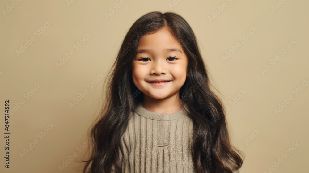 A brunette child in neutral attire grins with delight against a beige backdrop. Generative AI A brunette child in neutral attire grins with delight against a beige backdrop. Generative AI