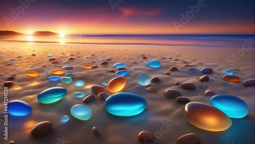 Fotografia, Obraz Colorful pebbles glowing in the sea beach during sunset.