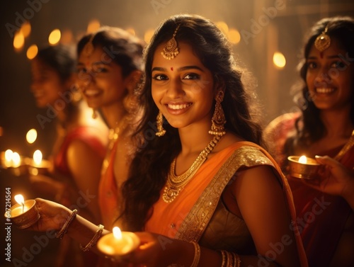  Two beautiful indian women in traditional dress holding diwali lamp 