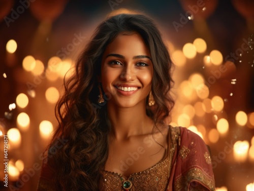 Beautiful indian woman in traditional indian dress holding diwali lamp