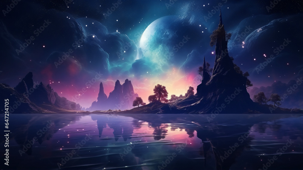 Futuristic fantasy night landscape with abstract land