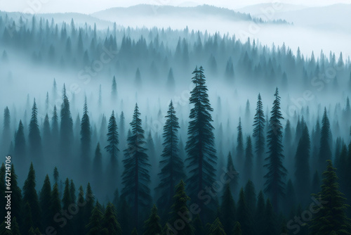 Misty landscape with fir forest, AI Generative illustratiob © Minar Aslanova