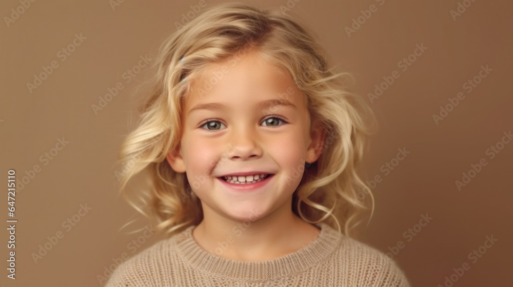 Portrait of a cheerful little girl with blonde hair, dressed in neutral colors, posing against a light beige studio background. Generative AI Portrait of a cheerful little girl with blonde hair, dressed in neutral colors, posing against a light beige studio background. Generative AI