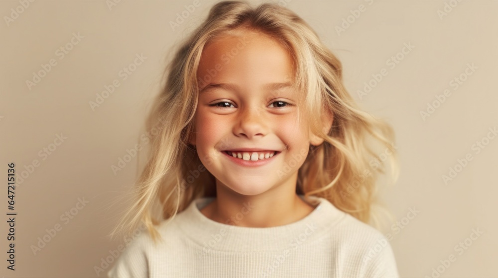 Joyful young blonde girl in neutral attire, beaming against a soft beige studio backdrop. Generative AI Joyful young blonde girl in neutral attire, beaming against a soft beige studio backdrop. Generative AI