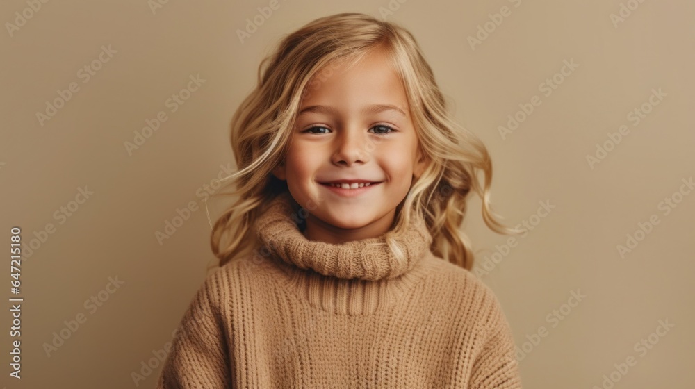 A smiling blonde kid, clad in neutral clothing, against a studio light beige backdrop. Generative AI A smiling blonde kid, clad in neutral clothing, against a studio light beige backdrop. Generative AI