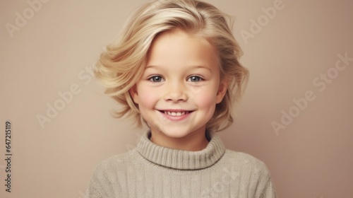 Joyful young blonde girl in neutral attire, beaming against a soft beige studio backdrop. Generative AI