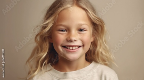 A happy blonde child in neutral clothing, smiling against a beige backdrop. Generative AI