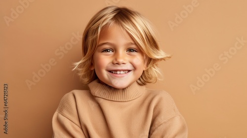 Portrait of a cheerful little girl with blonde hair, dressed in neutral colors, posing against a light beige studio background. Generative AI