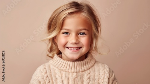 A happy blonde child in neutral clothing, smiling against a soft beige backdrop. Generative AI