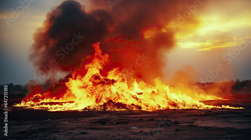 Plastic waste being burnt in a recycling center. Garbage in flames.