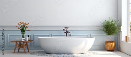 Contemporary bathroom with oval tub white walls and ornate azulejo tile floor