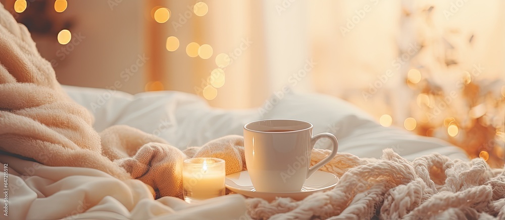 Coffee cup on bed with white color sunny Christmas Eve