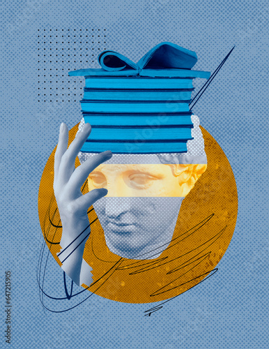 Abstract human antique statue and human hand, books. Creative idea symbol, art design or collage. Mental Health, thinking, psychology, education concept