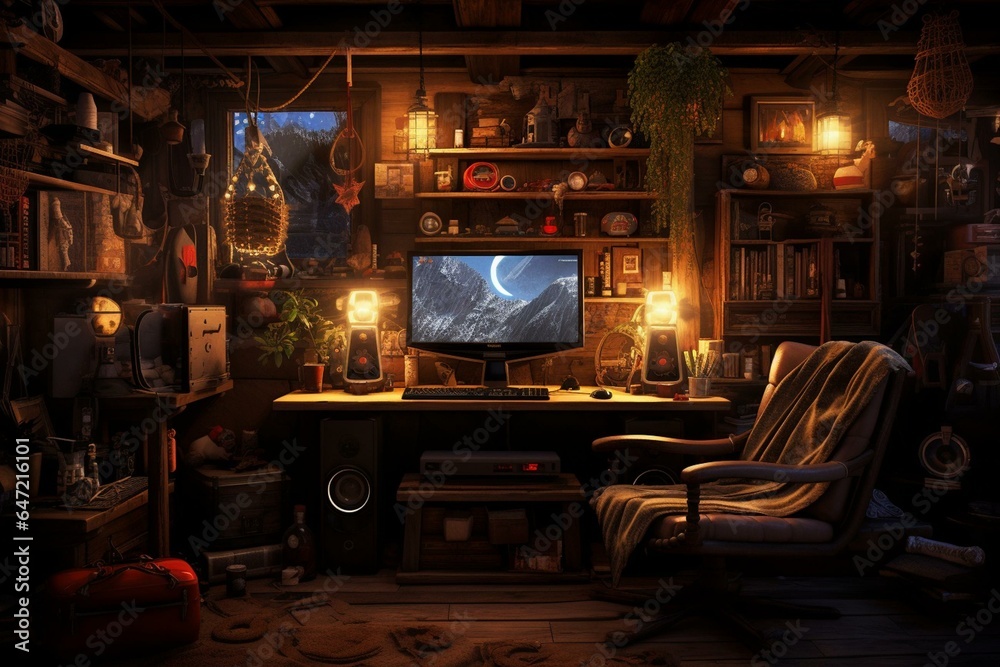 Cozy gaming setup with vintage vibe. Generative AI