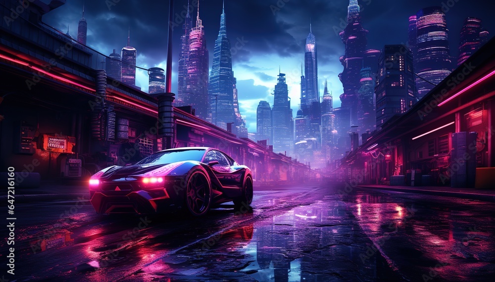 Futuristic sports car on a neon highway. Powerful acceleration on a night track with colorful lights and tracks...