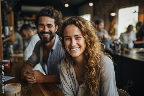 A man and a smiling woman sitting in the cafe