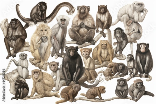 Detailed illustration of primates including monkeys and lemurs, set against a white background. Generative AI photo