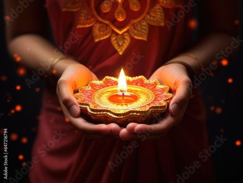 Midsection holding diya during Diwali