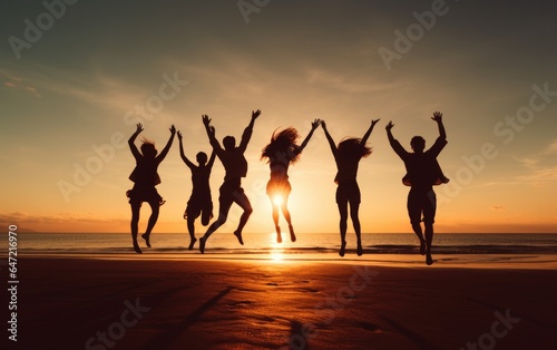 Single woman or family of parents and children Or several groups of friends standing and looking at the beach, some of them jumping together in the air. Feeling refreshed, relaxed, happy at the beach 