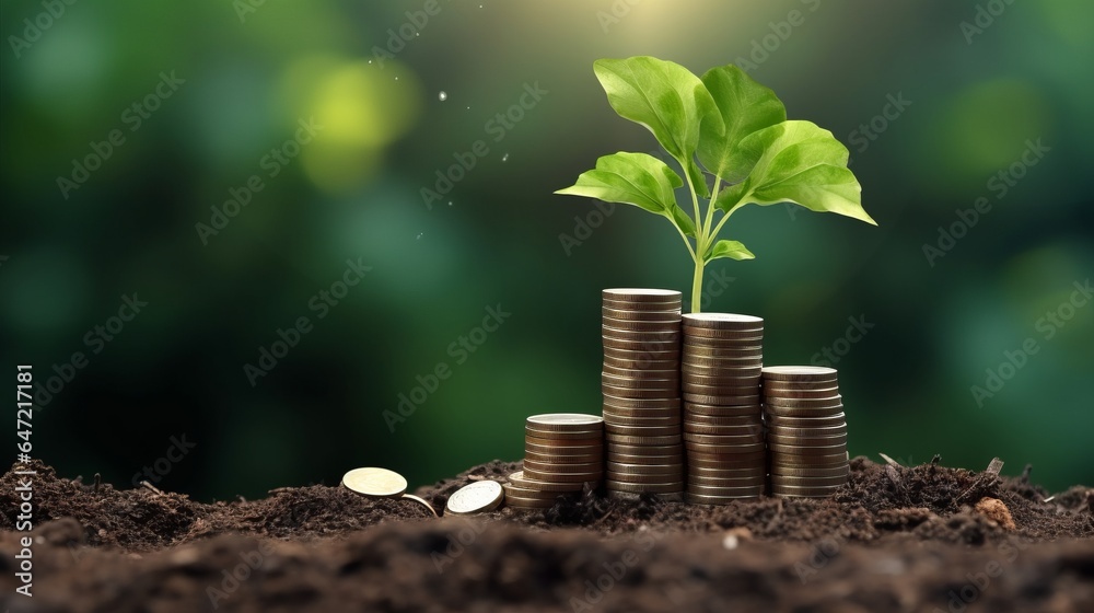 Coins stacked on the soil provide the soil for the tree to grow on. Renewable energy generation is essential for the future. Saving money for the future. Investment Ideas and green business growth. - obrazy, fototapety, plakaty 