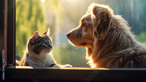 Friendship between a dog and a cat sitting by the window