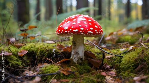 Fairytale fly agaric mushroom in a forest autumn clearing