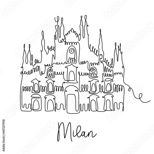 Milan continuous line illustration. Duomo cathedral - symbol of Italian city. World famous place in Milan, Italy. Minimalistic single line vector print.

