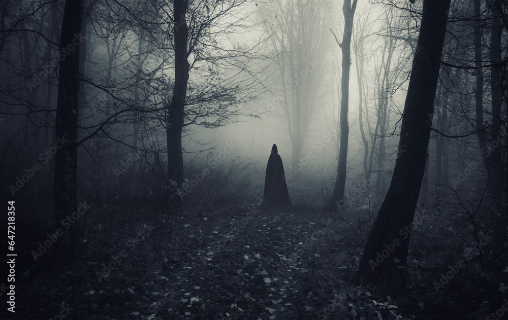 mysterious cloaked silhouette in dark fantasy forest - obrazy, fototapety, plakaty 