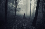 mysterious cloaked silhouette in dark fantasy forest