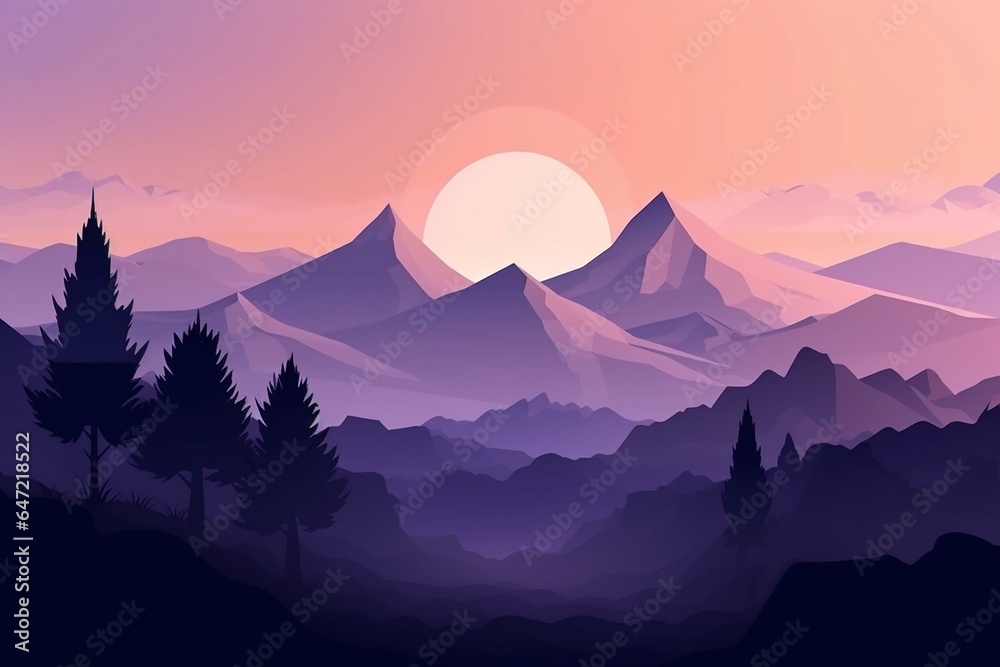 Sunny mountain landscape in trendy purple for print, cover, wallpaper - minimalist and natural. Year 2022's color. Generative AI