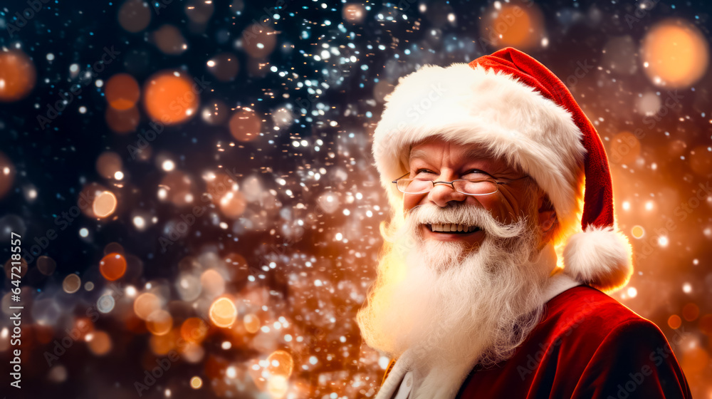 Close up of person wearing santa clause hat and glasses with snowflakes in the background.