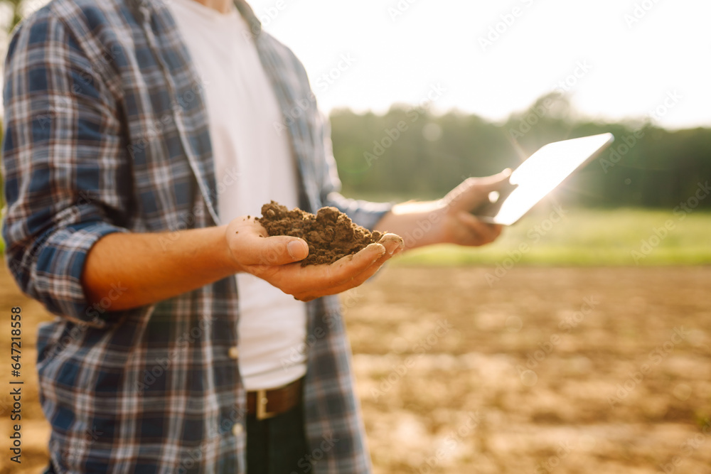 Experienced farmer in a sunny field collects soil, checks its health using a digital tablet. Technology concept, gardener. Agriculture.