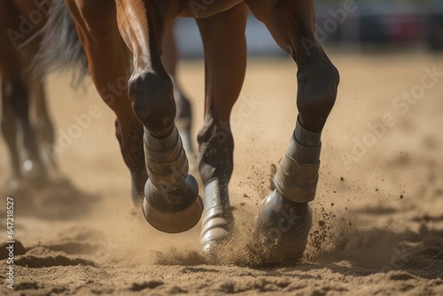 A galloping bay horse's hooves on sand in an outdoor equestrian arena during competitions. Generative AI