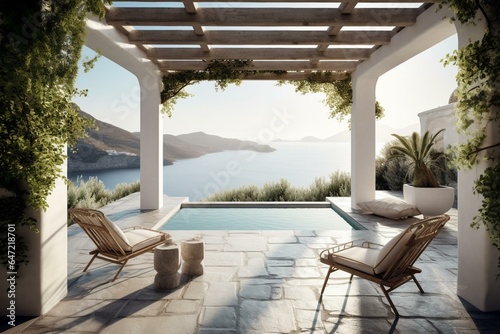 Terrace with pool, marble floor, rattan furniture, sunlight, sea view. Generative AI © Thalia