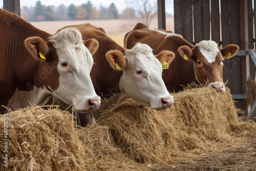 Cows eating hay on farm