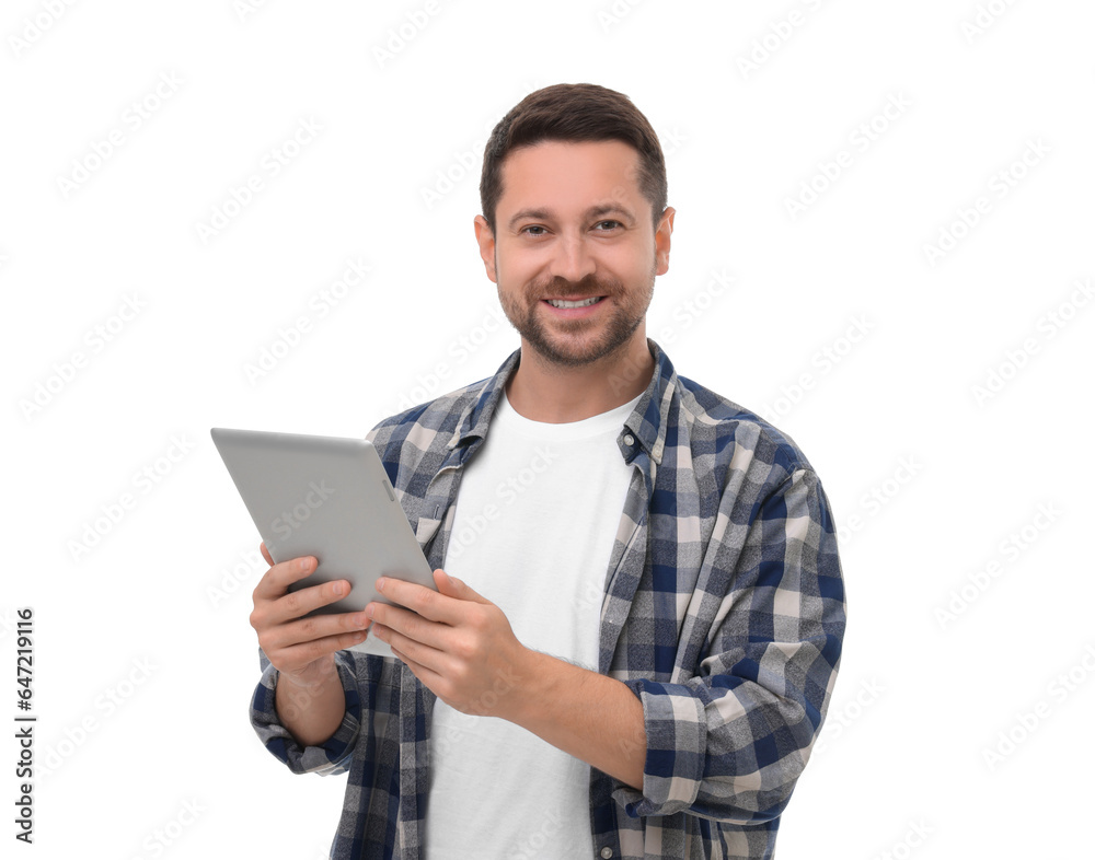 Happy man with tablet on white background Happy man with tablet on white background