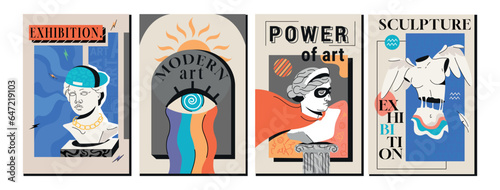 Art exhibition posters with greek statues, antique sculpture, column. Cover design with surreal elements, greece heads and plaster bust. Invitation banner set with modern objects for gallery, museum.