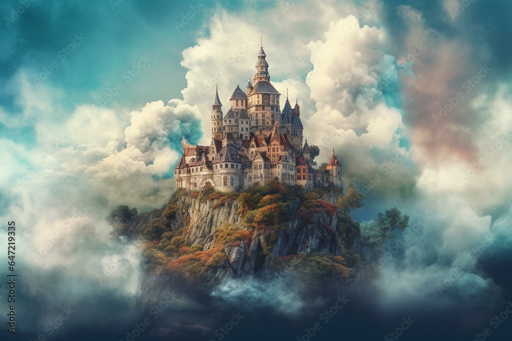 Stunning artwork: a castle floating amidst clouds, with dreamy digital art style and an illustrated painting feel. Generative AI
