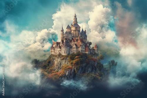 Stunning artwork: a castle floating amidst clouds, with dreamy digital art style and an illustrated painting feel. Generative AI
