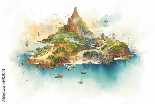 A vibrant illustration showcasing a picturesque island archipelago surrounded by the vast ocean landscape. Generative AI