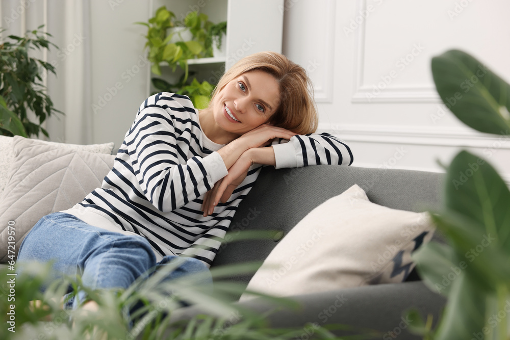 Woman relaxing on sofa surrounded by beautiful potted houseplants at home Woman relaxing on sofa surrounded by beautiful potted houseplants at home