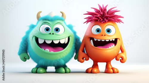 Adorable looking 3d cartoon monster characters, white solid background. Generative AI  © Hamza