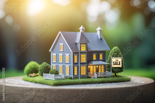 Illustration eines Miniatur-Modellhauses mit Verkaufsschild als Symbol für den Immobilienhandel.