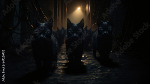 Group of creepy black cats walking on dark alley Generative AI illustration