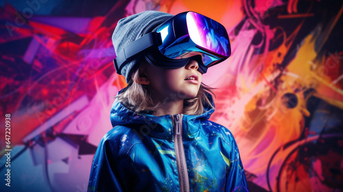 Teen, Generation Alpha wearing VR headset in immersive gaming experience against futuristic backdrop. Metaverse and blockchain technology concept with teenage Generation Alpha © Nataliia