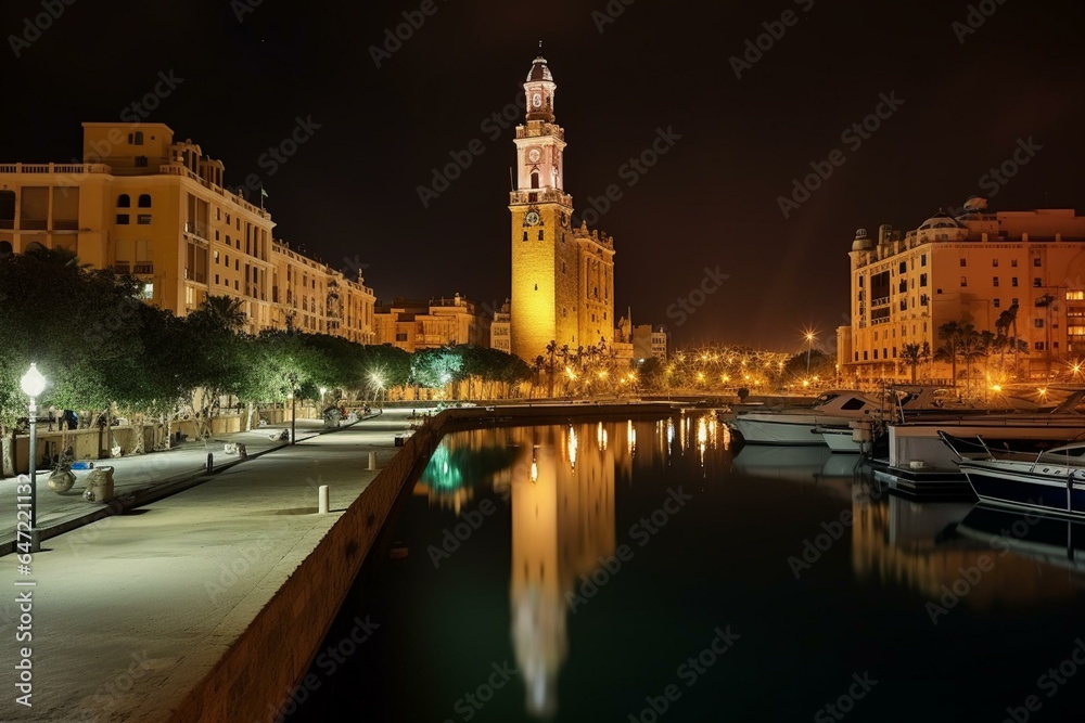 Nighttime harbor with clock tower in Valencia, Spain. Generative AI