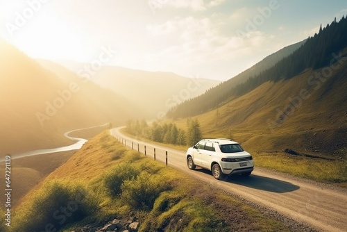 Beautiful landscape with a white vehicle on a scenic road. Generative AI